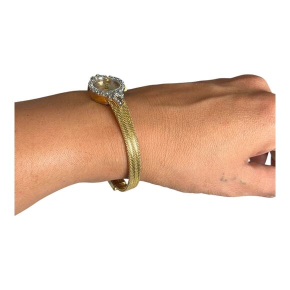 Vintage Benrus Gold Silver Mesh Oval Face Rhinestone Bow Accent Stainless Steel - Picture 5 of 11